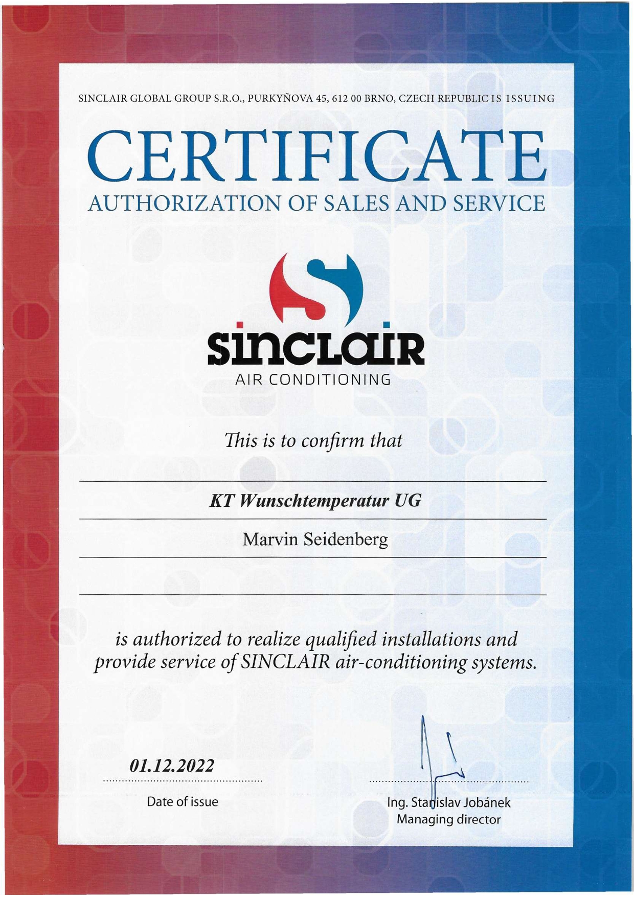 Sinclair_Klimaanlagen_Zertifikat_Marvin_Seidenberg