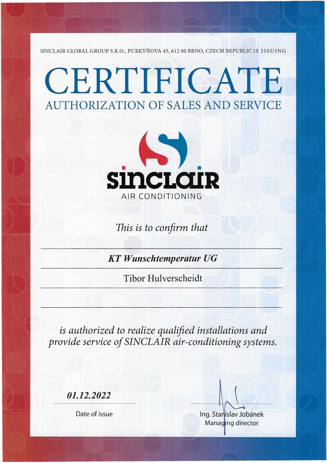 Sinclair_Klimaanlagen_Zertifikat_Tibor_Hulverscheidt