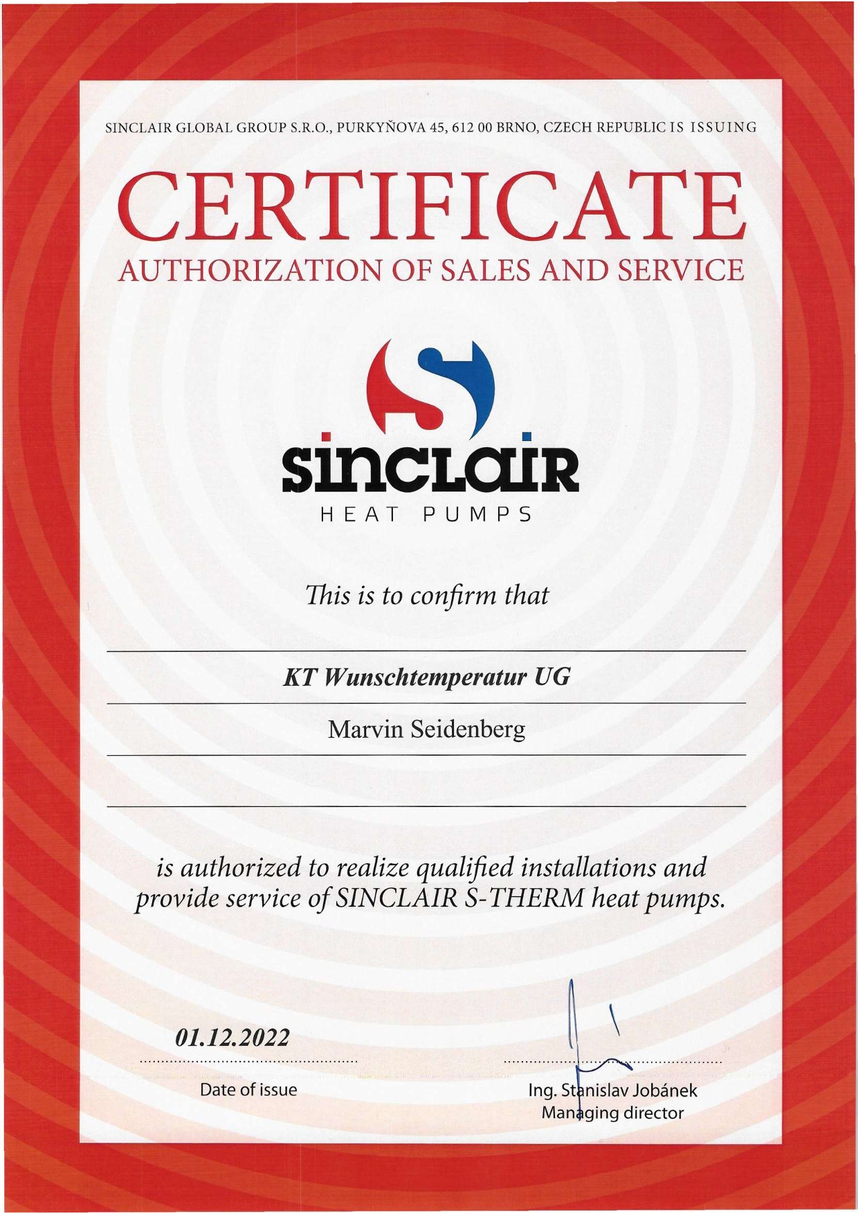 Sinclair_S-Therm_Heat_Pumps_Zertifikat_Marvin_Seidenberg